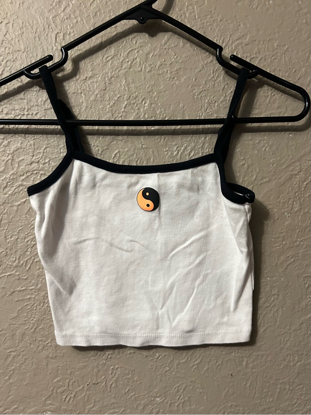 H&M White Cropped Camisole with Black Trim and Yin Yang Accent